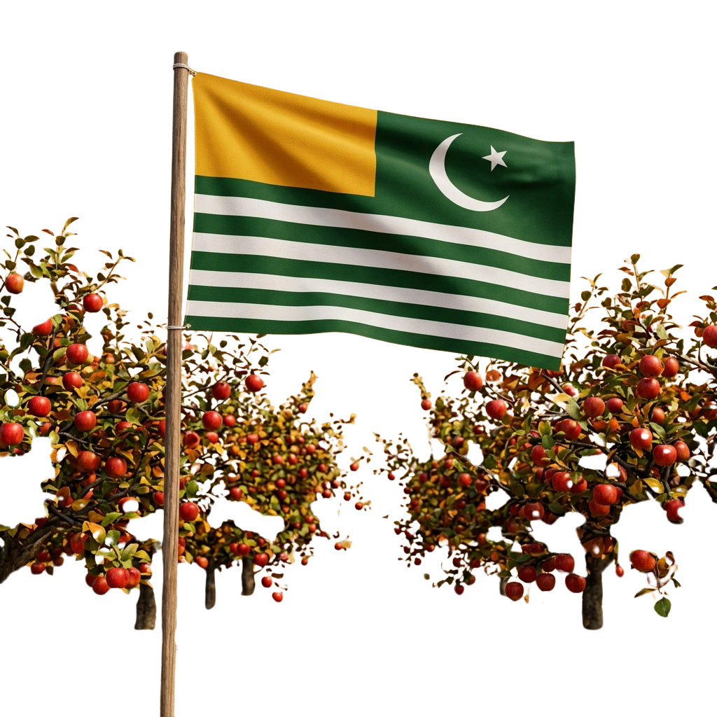 Pakistan flag waving with green and white striped background and crescent star, surrounded by fruit trees with red apples.