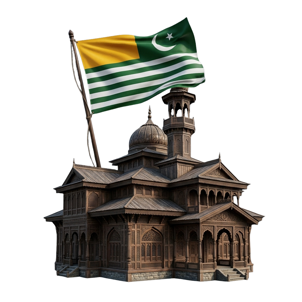 A model of a historic building with a Pakistani flag waving atop it against a dark background