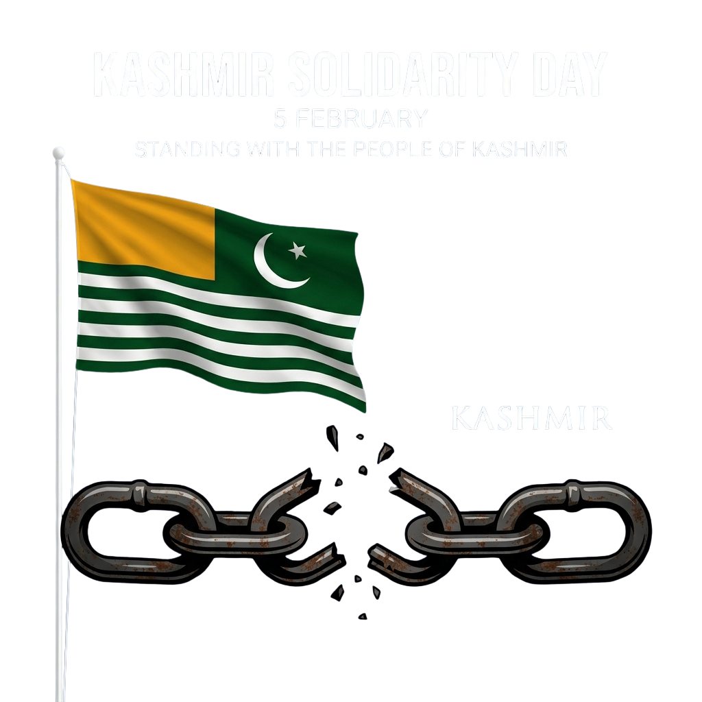 Flag of Kashmir attached to chains with text Kashmir Solidarity Day 5 February
