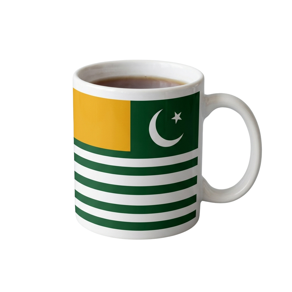 White mug featuring the Pakistani flag design with a crescent moon and star, filled with a hot drink