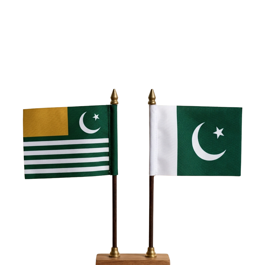 Two small flags of Pakistan, one with green, white stripes, and crescent star, the other with green and white halves, both on poles.
