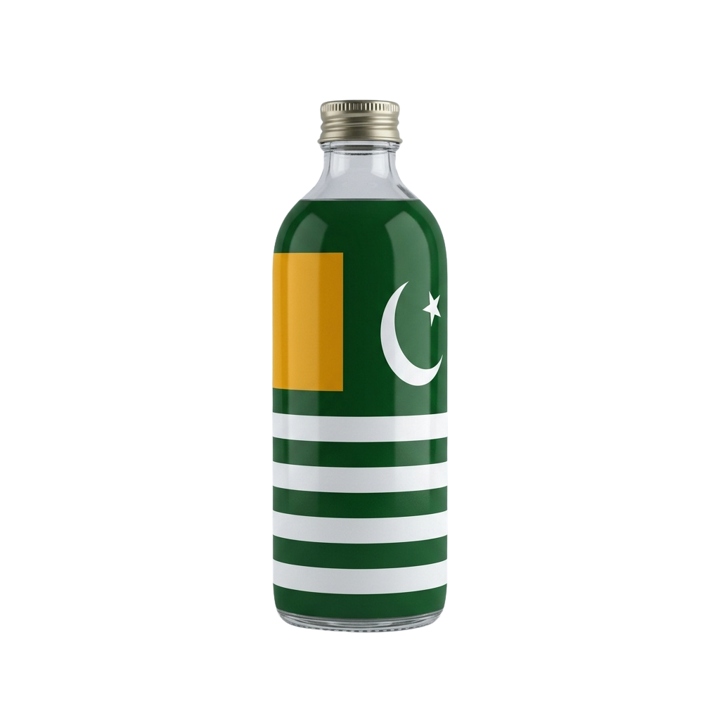 Glass bottle featuring the Pakistani flag colors and crescent star emblem