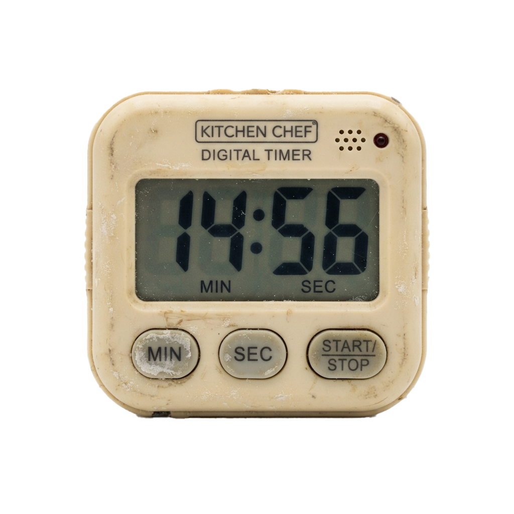 Digital kitchen timer displaying 14 minutes and 56 seconds with MIN, SEC, and START STOP buttons