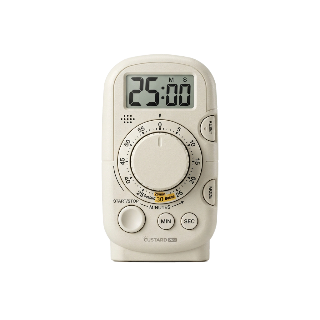 White digital timer with a rotary knob set to 25 minutes and 0 seconds for baking or cooking tasks