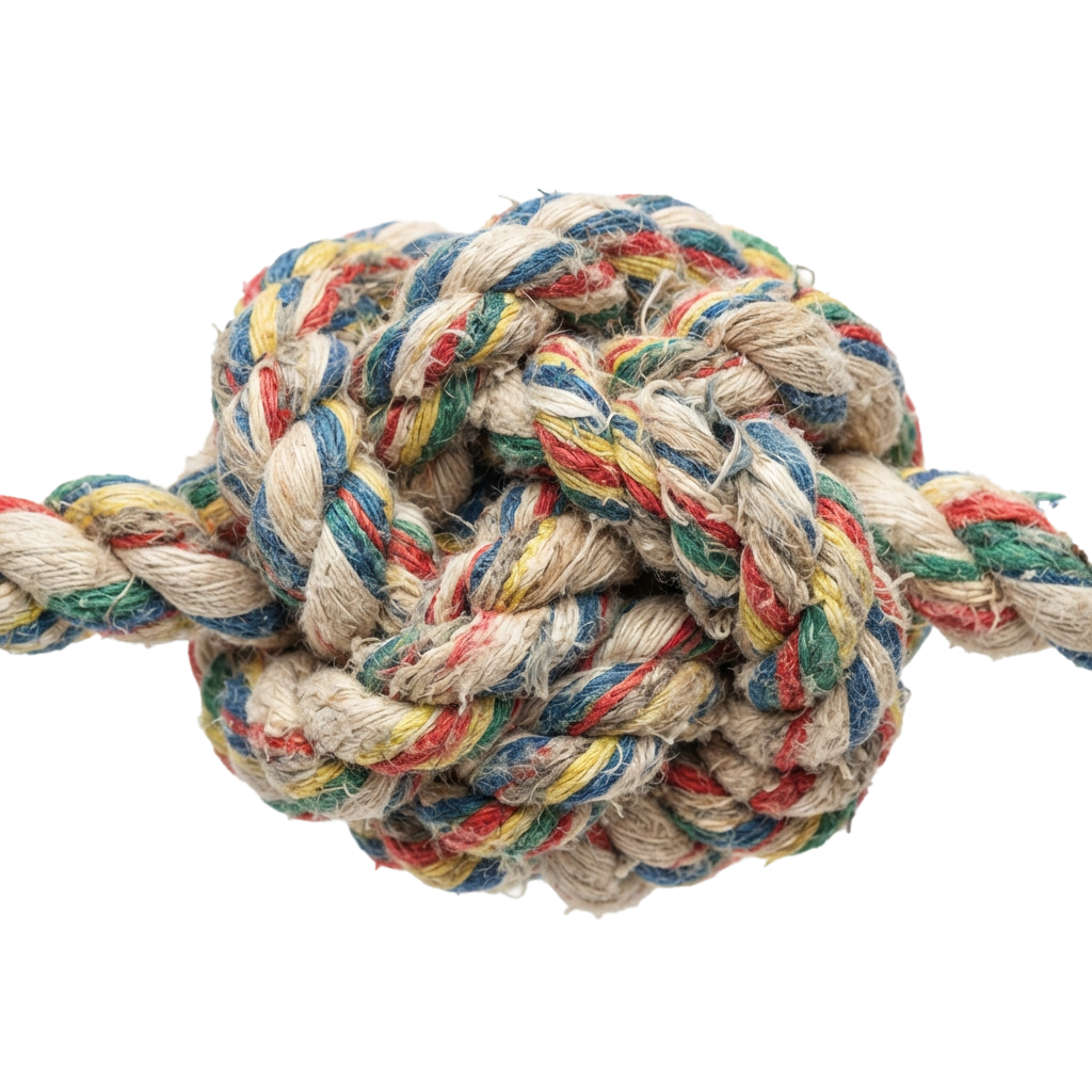 A tightly knotted, multicolored braided rope toy with white, red, blue, green, and yellow strands.