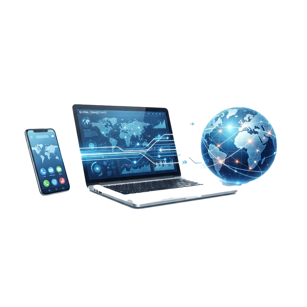 Laptop, smartphone, and globe displaying global connectivity and data analytics on screen