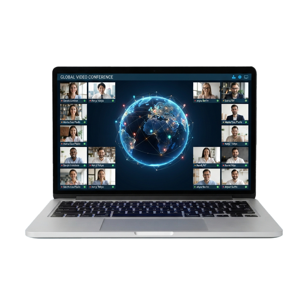 Laptop screen showing a global video conference with multiple participants and a digital world map in the center