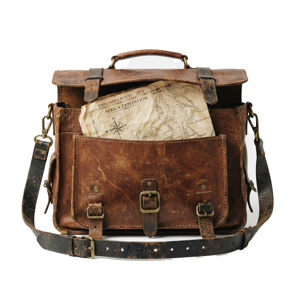 A worn leather satchel open to reveal an old map titled Explorers Route Africa Expedition 1893