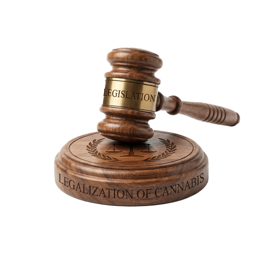 Wooden gavel with inscription reading legislation on a base labeled legalization of cannabis