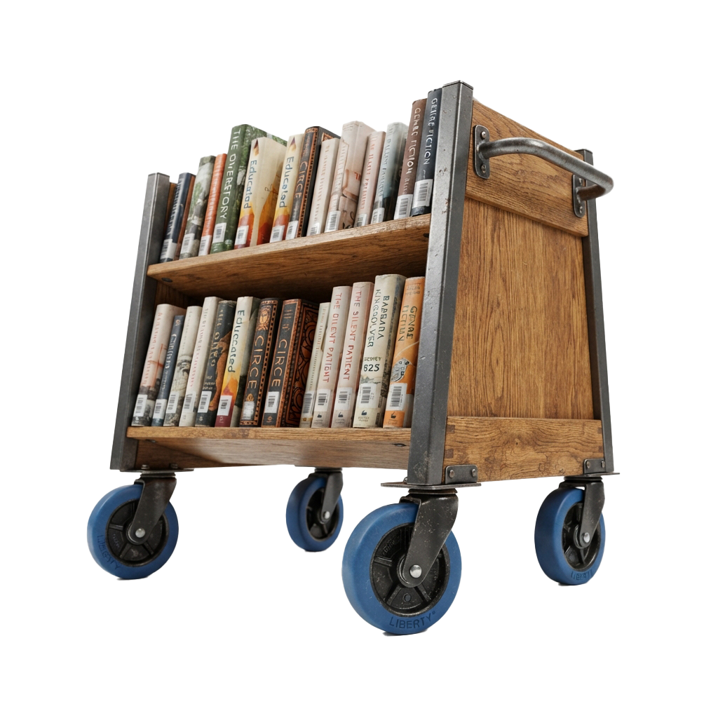 A wooden bookshelf cart with two shelves filled with books, mounted on four blue wheels for mobility