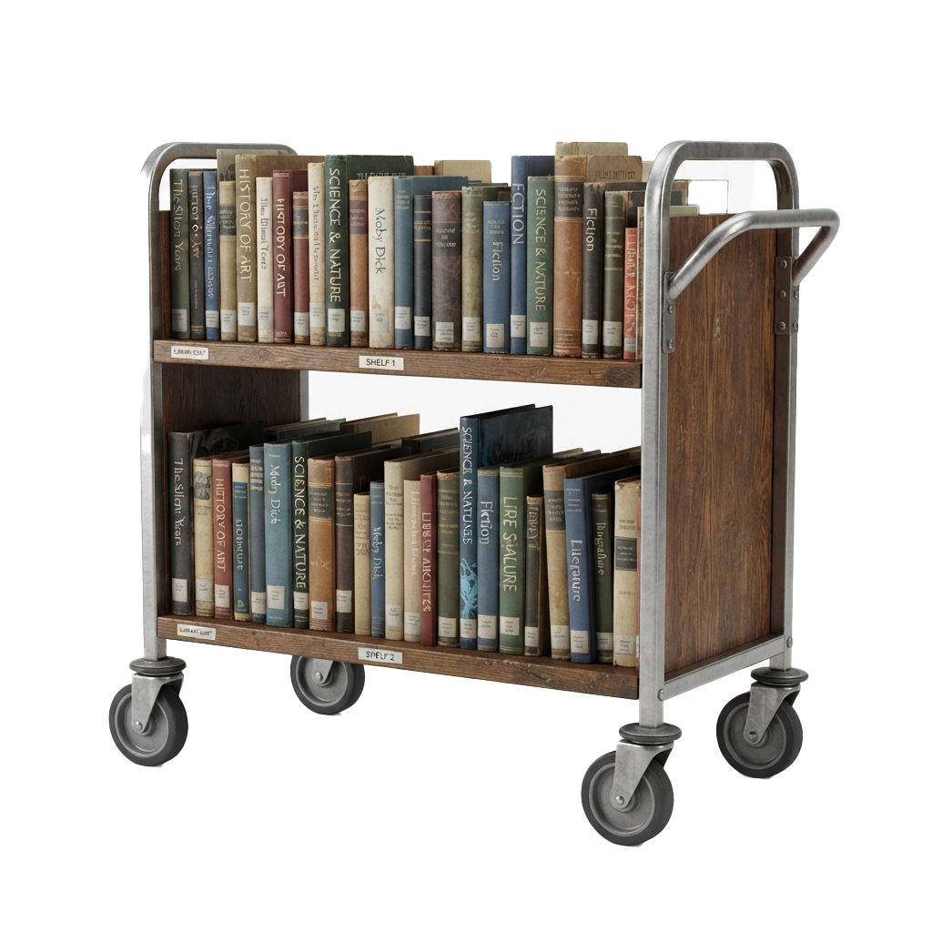A mobile wooden bookshelf cart with two shelves filled with books and equipped with wheels for easy movement