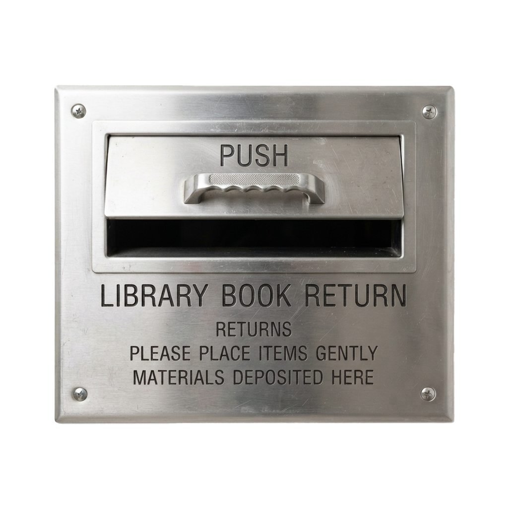 Metal library book return slot labeled push with instructions to place items gently