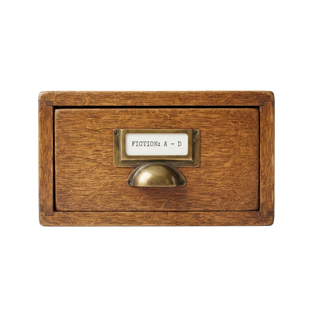 A wooden drawer with a label reading Fiction A-D and a brass handle