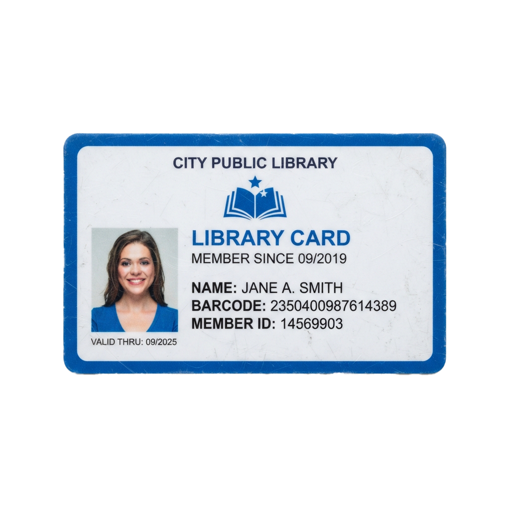 Library card displaying member details including name, barcode, member ID, and validity dates