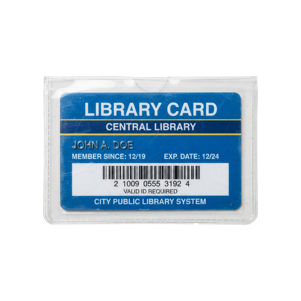 A blue library card with white text and barcode for a member named John Doe, valid until 2024