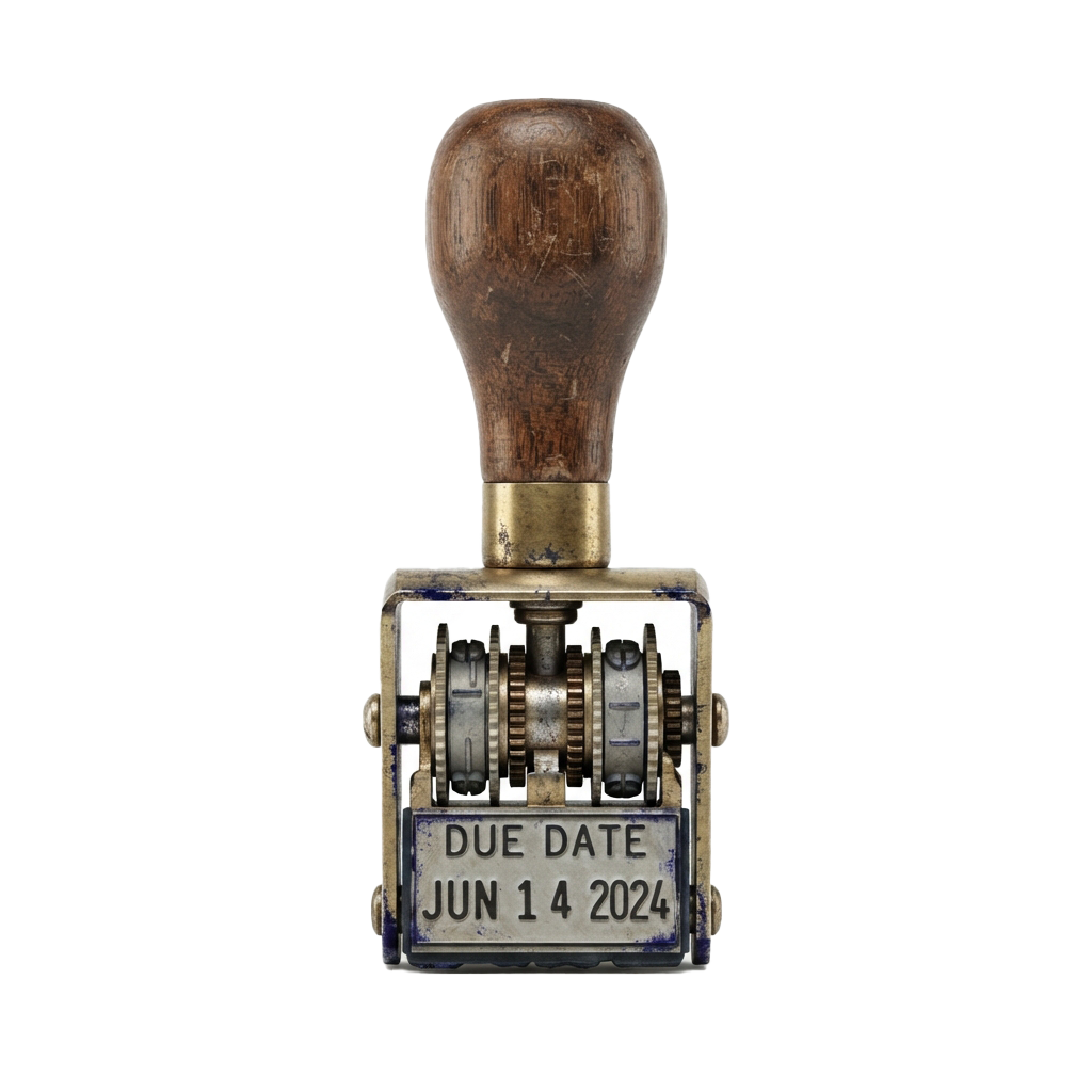 A vintage date stamp with a wooden handle and brass gears showing a due date of June 14, 2024
