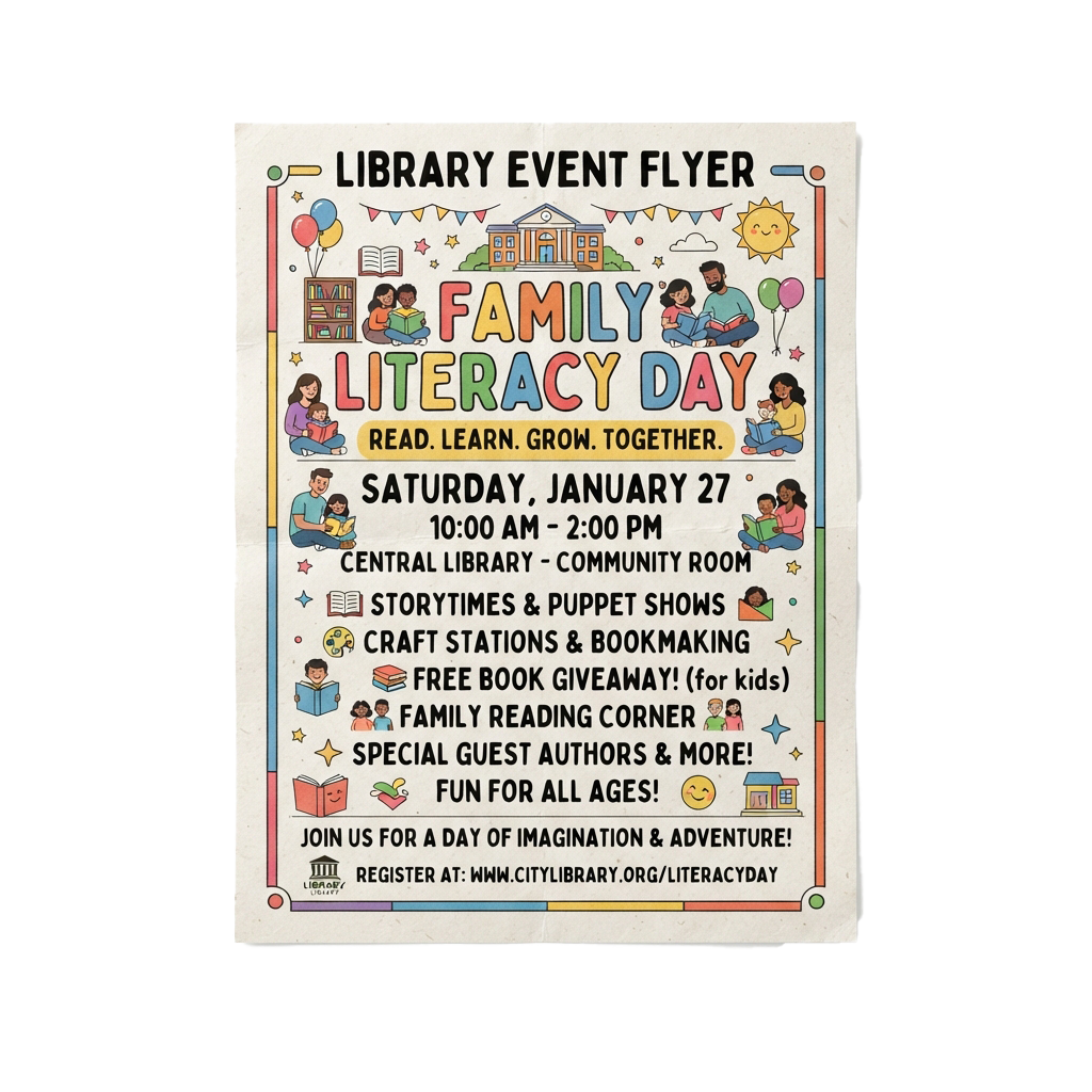 Colorful flyer for Family Literacy Day event at library with kids reading and activities listed.