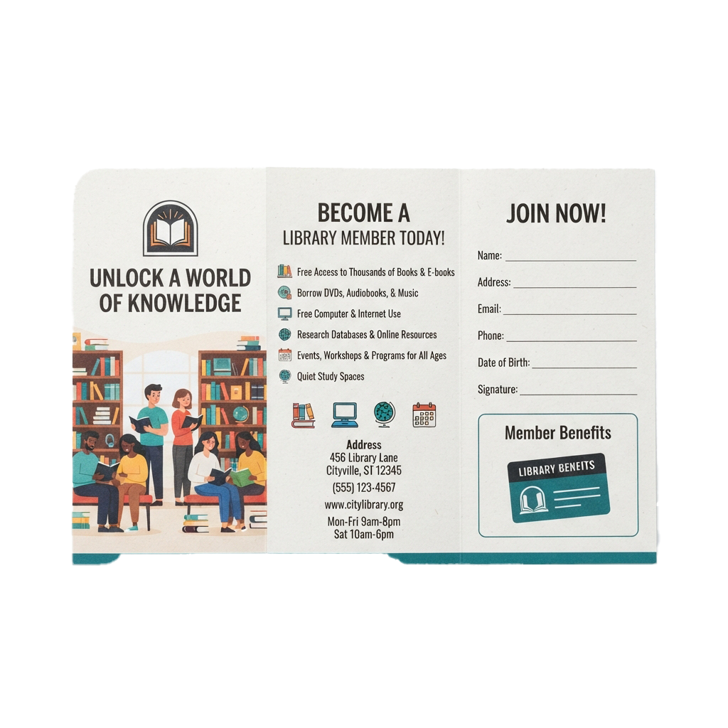 Library membership brochure showing benefits, application form, and library hours with people reading books.