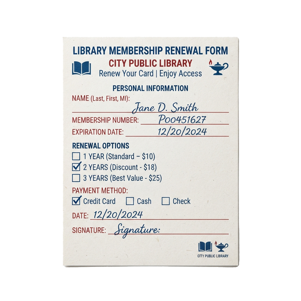 Library membership renewal form showing personal info, renewal options, and payment method