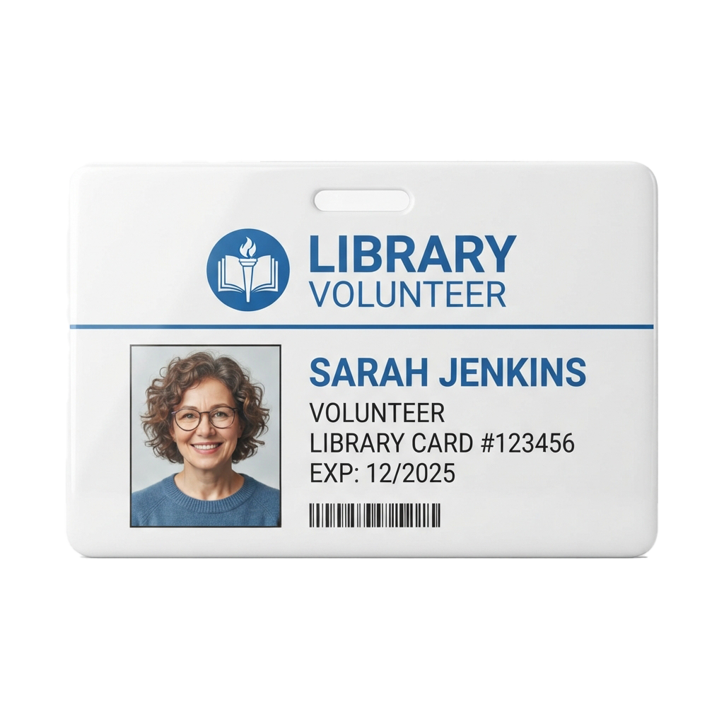 Library volunteer ID card showing a smiling person, name, volunteer status, library card number, and expiration date