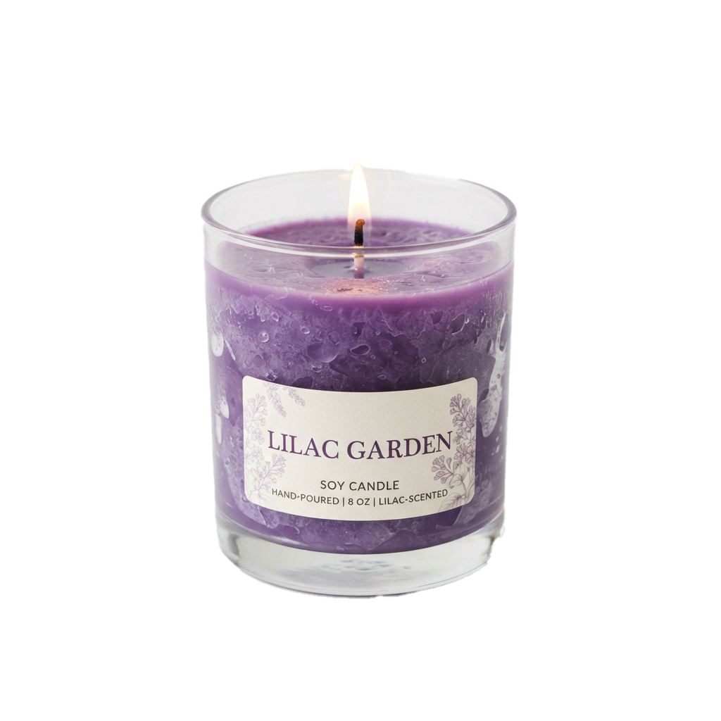 Purple lilac-scented soy candle in a glass jar with a floral design, lit with a wick.
