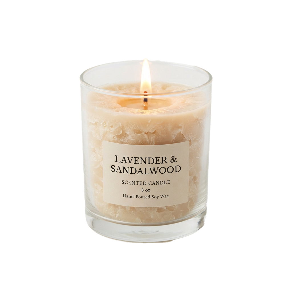A lit lavender and sandalwood scented candle in a glass jar with a label