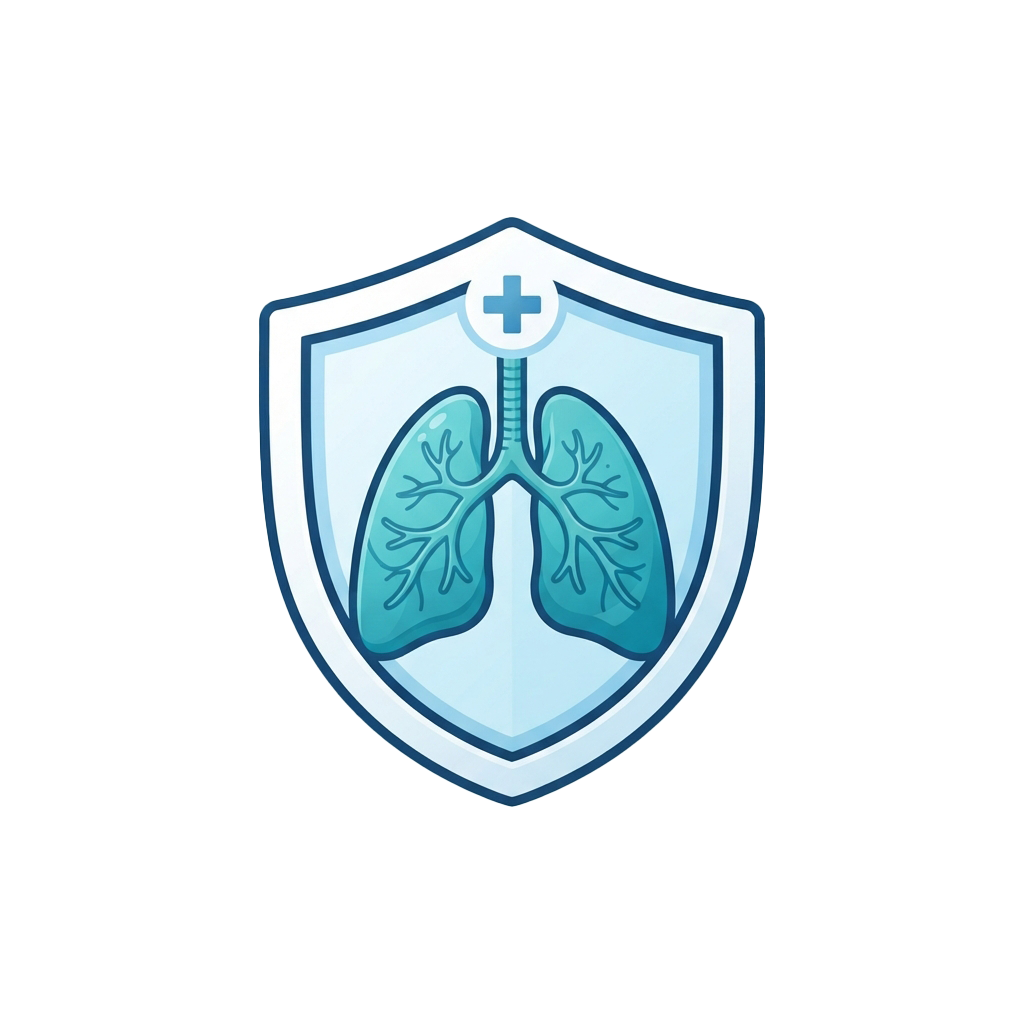 Shield-shaped icon featuring lungs and a medical cross symbol