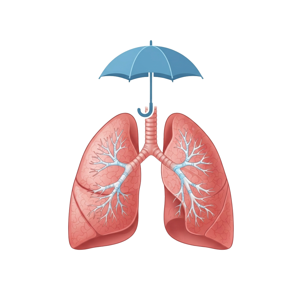 Illustration of human lungs with a blue umbrella above them symbolizing protection
