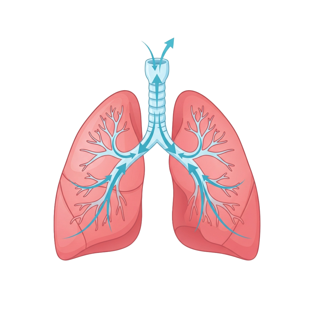 Illustration of human lungs showing bronchial tree and airflow direction