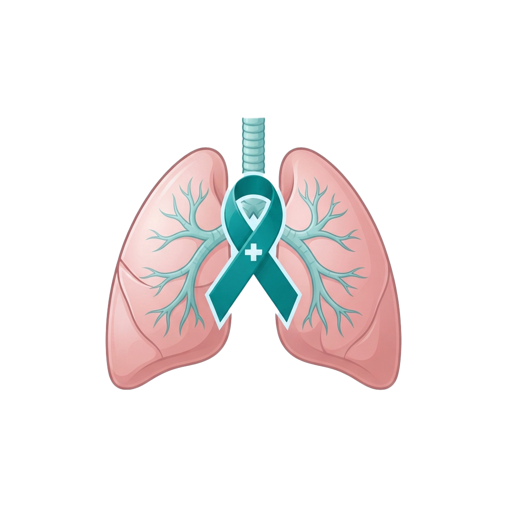 Illustration of human lungs with a turquoise awareness ribbon featuring a diamond symbol between them.