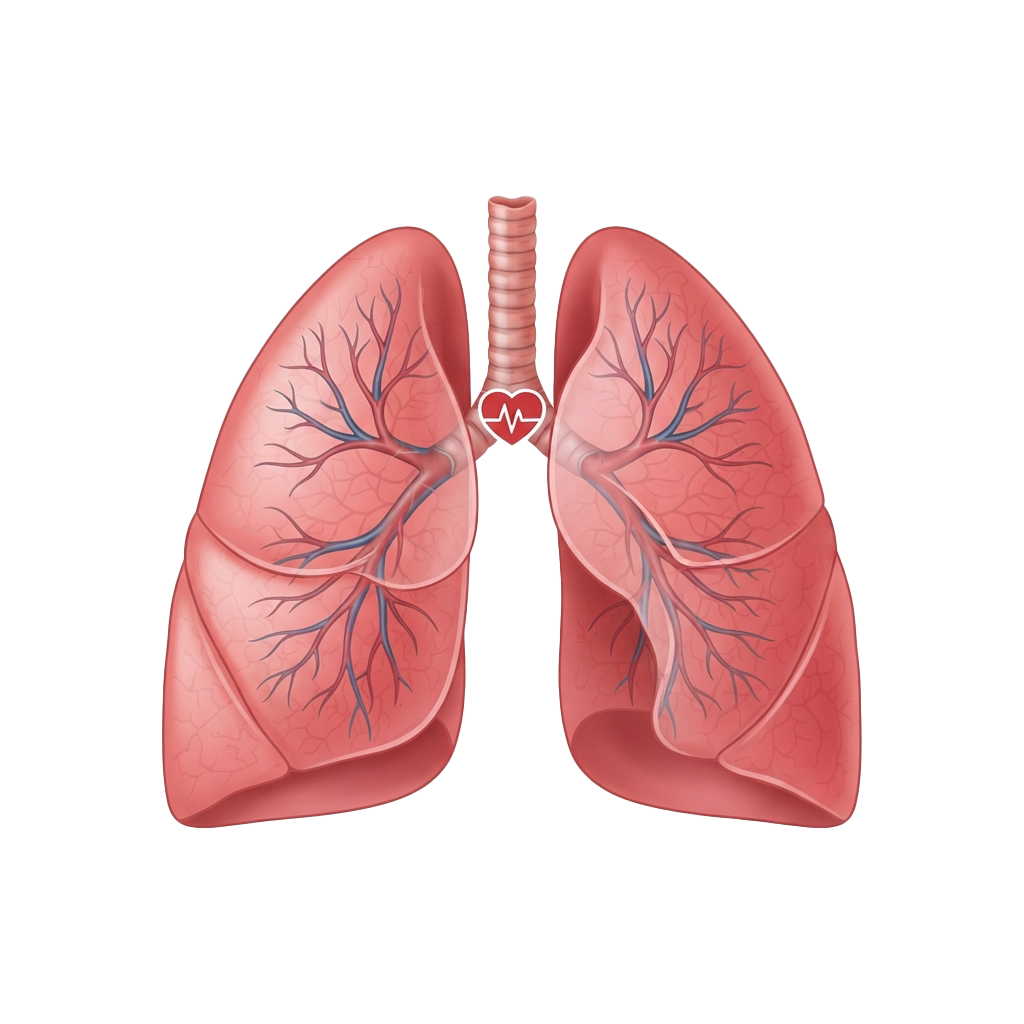 Illustration of human lungs showing bronchial tree and blood vessels connected to the heart