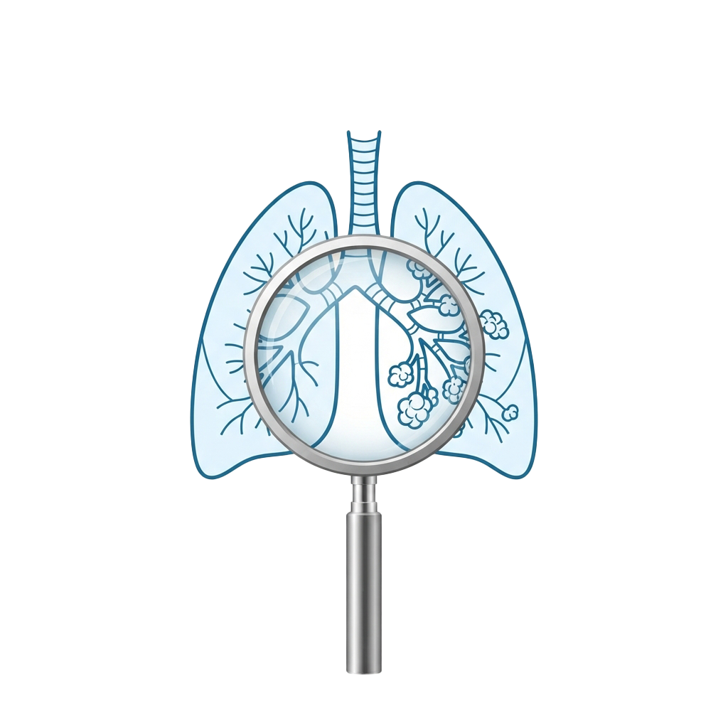 Illustration of human lungs with a magnified view showing bronchioles and alveoli structure