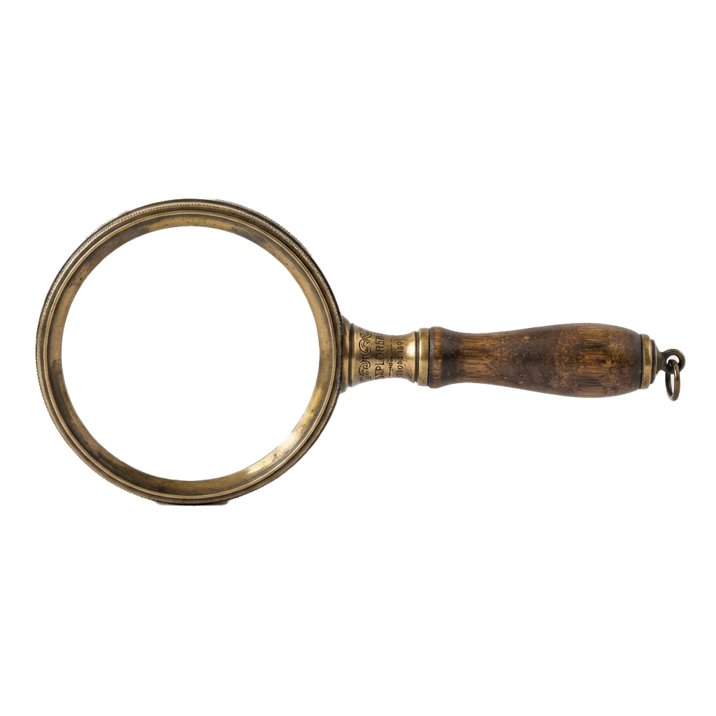 A brass magnifying glass with a wooden handle and a small loop at the end