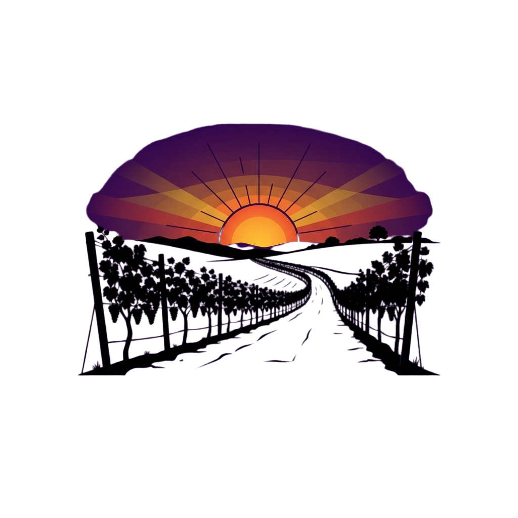 A sunset scene with a winding road surrounded by trees and a glowing sun on the horizon