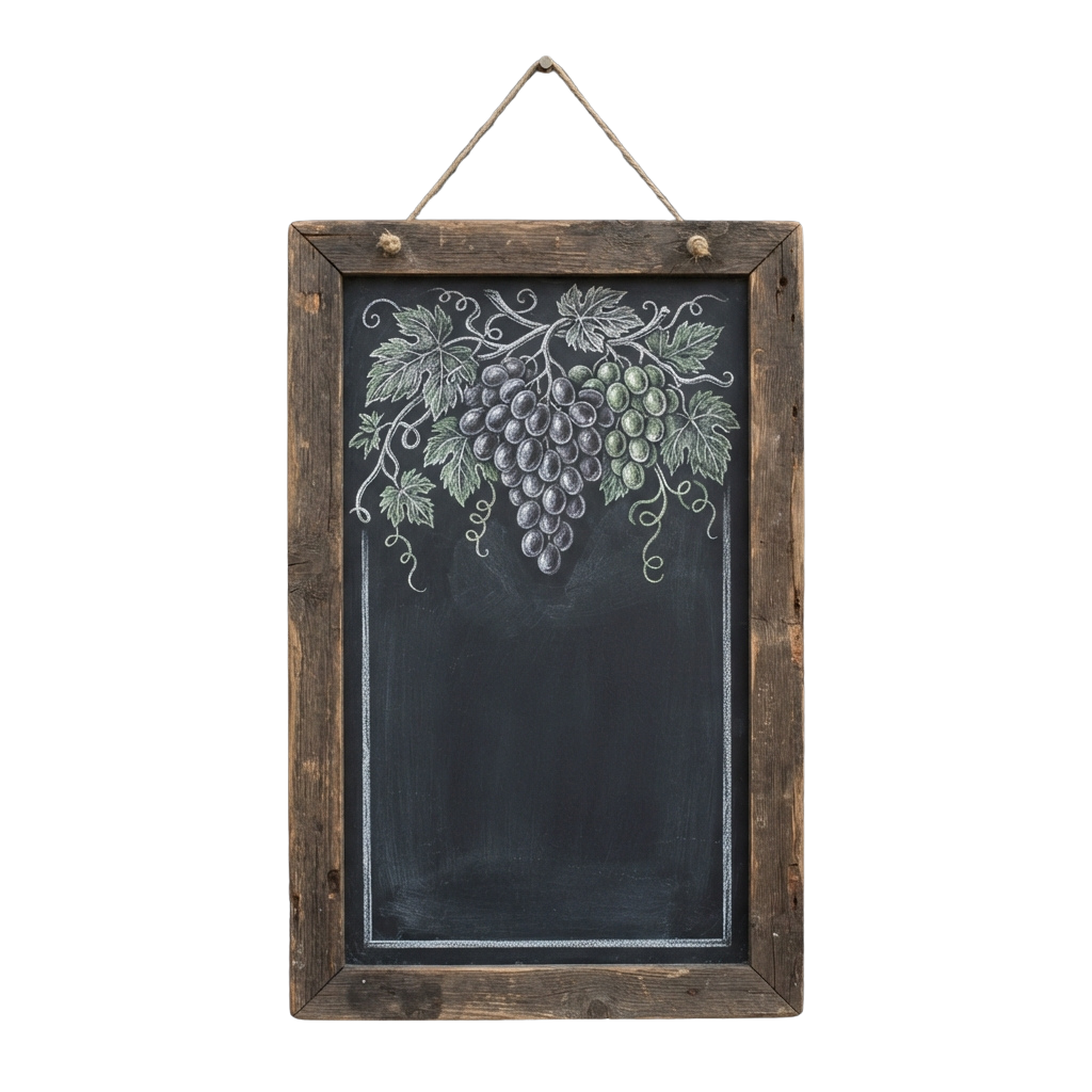 A rustic wooden frame with a chalk-drawn grapevine and leaves on a black chalkboard background.
