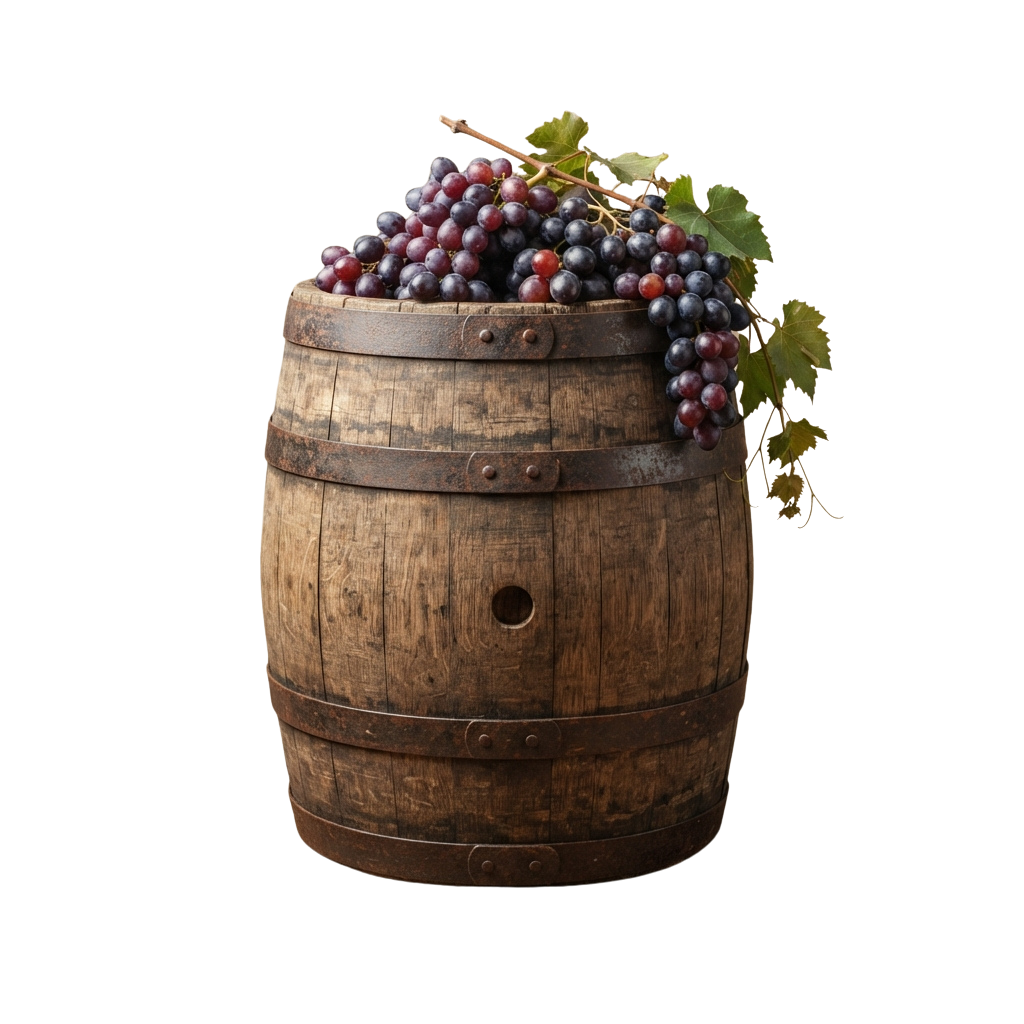 A wooden barrel filled with dark purple grapes and green leaves on top