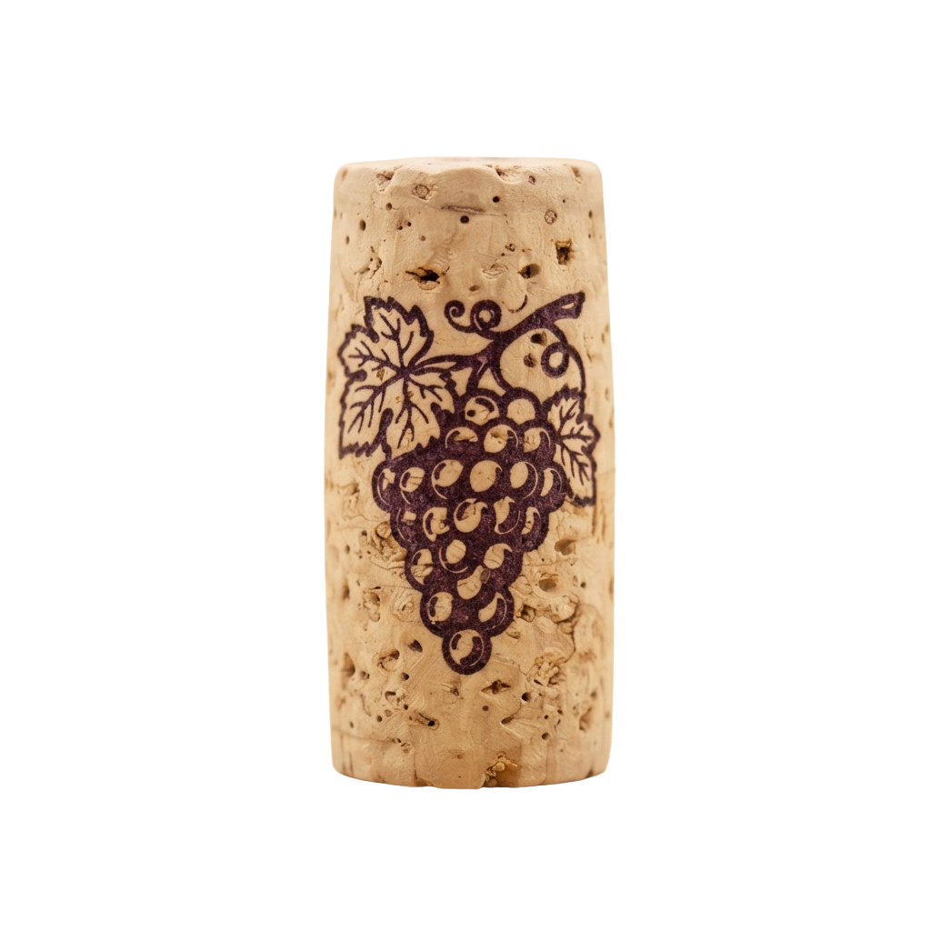 A cylindrical wine cork featuring an embossed grapevine and bunch of grapes design