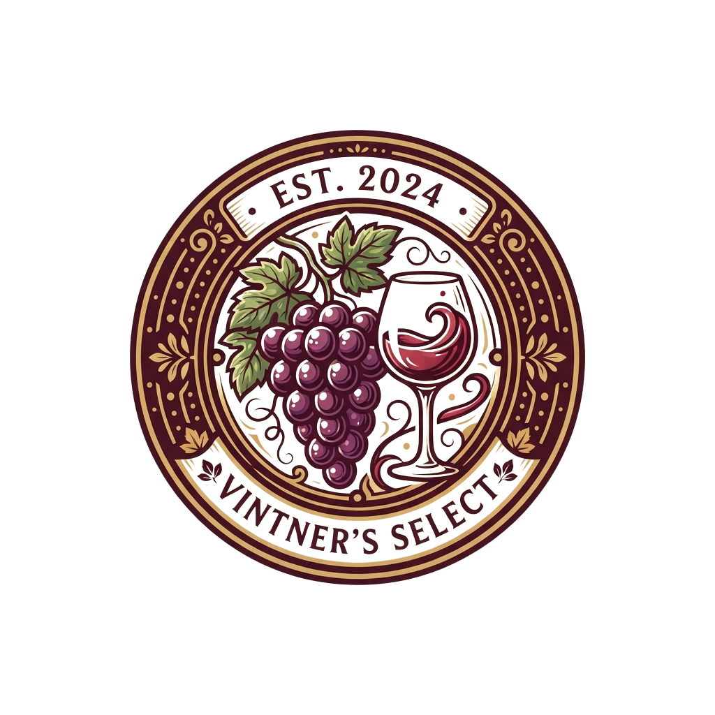 Circular wine label design featuring a wine glass, grapes, and ornate vine motifs with EST 2024 and Vintner's Select text