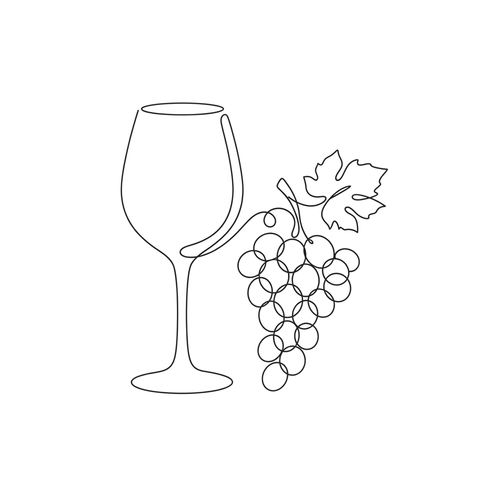 A sleek wine glass and bunch of grapes in a minimalist line drawing style.