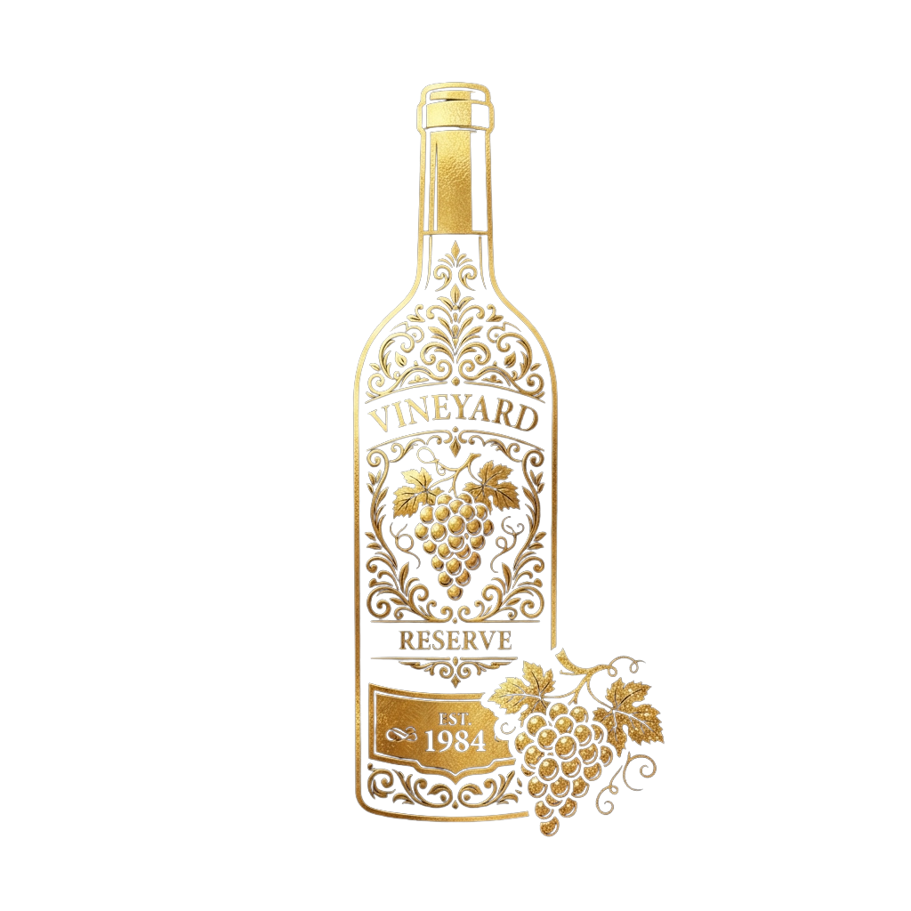 Decorative gold wine bottle with vineyard and grape illustrations, labeled Vineyard Reserve and Est 1984