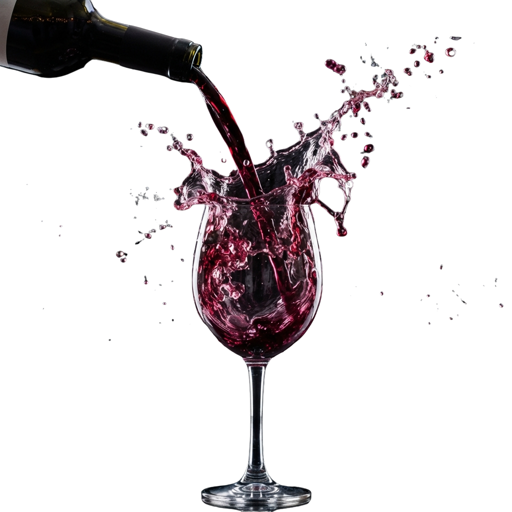 A bottle pouring deep red wine into a wine glass with splashes of liquid
