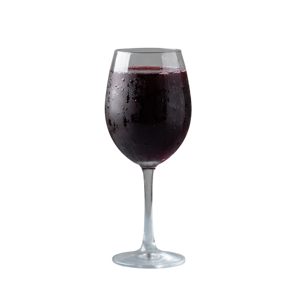 A clear wine glass filled with deep red wine against a black background