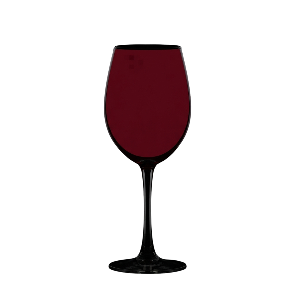 A clear wine glass filled with deep red wine against a dark background