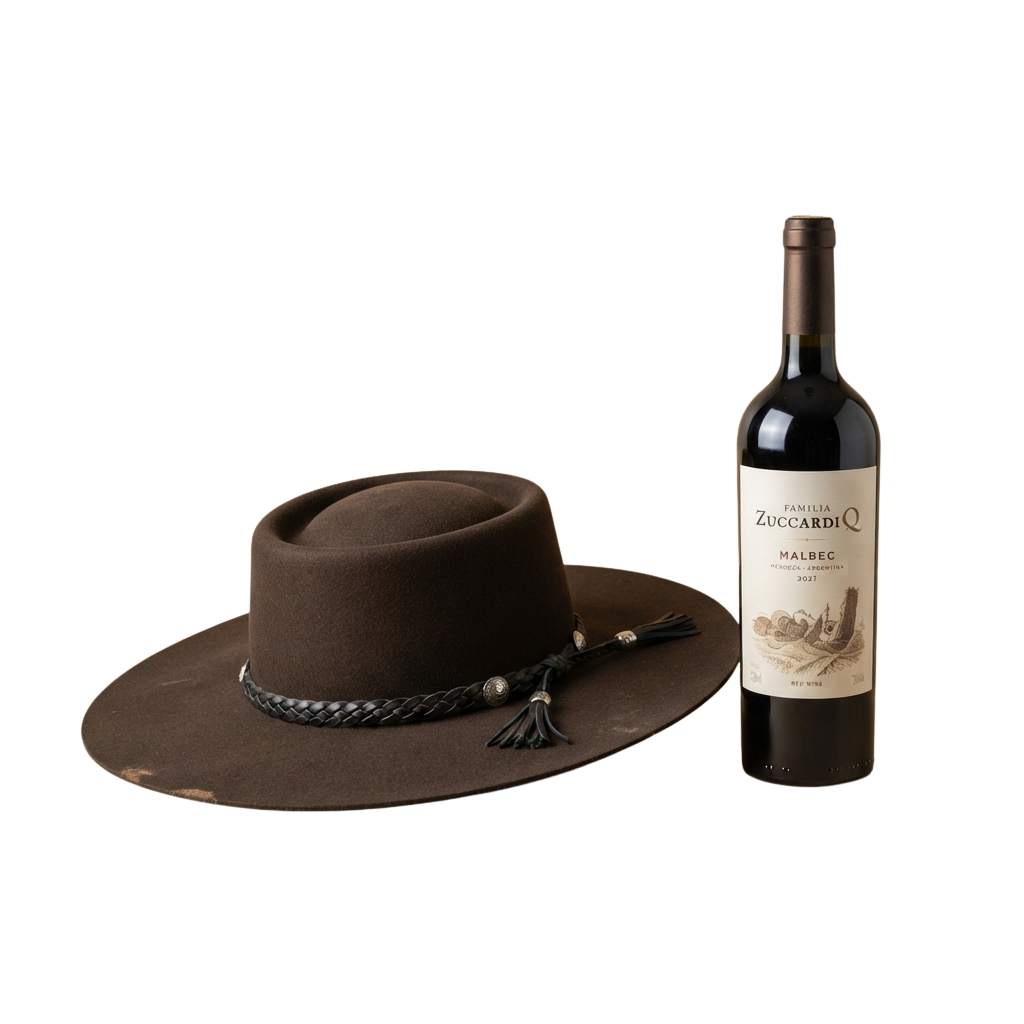 A brown felt fedora hat with a braided chin strap next to a bottle of Malbec wine