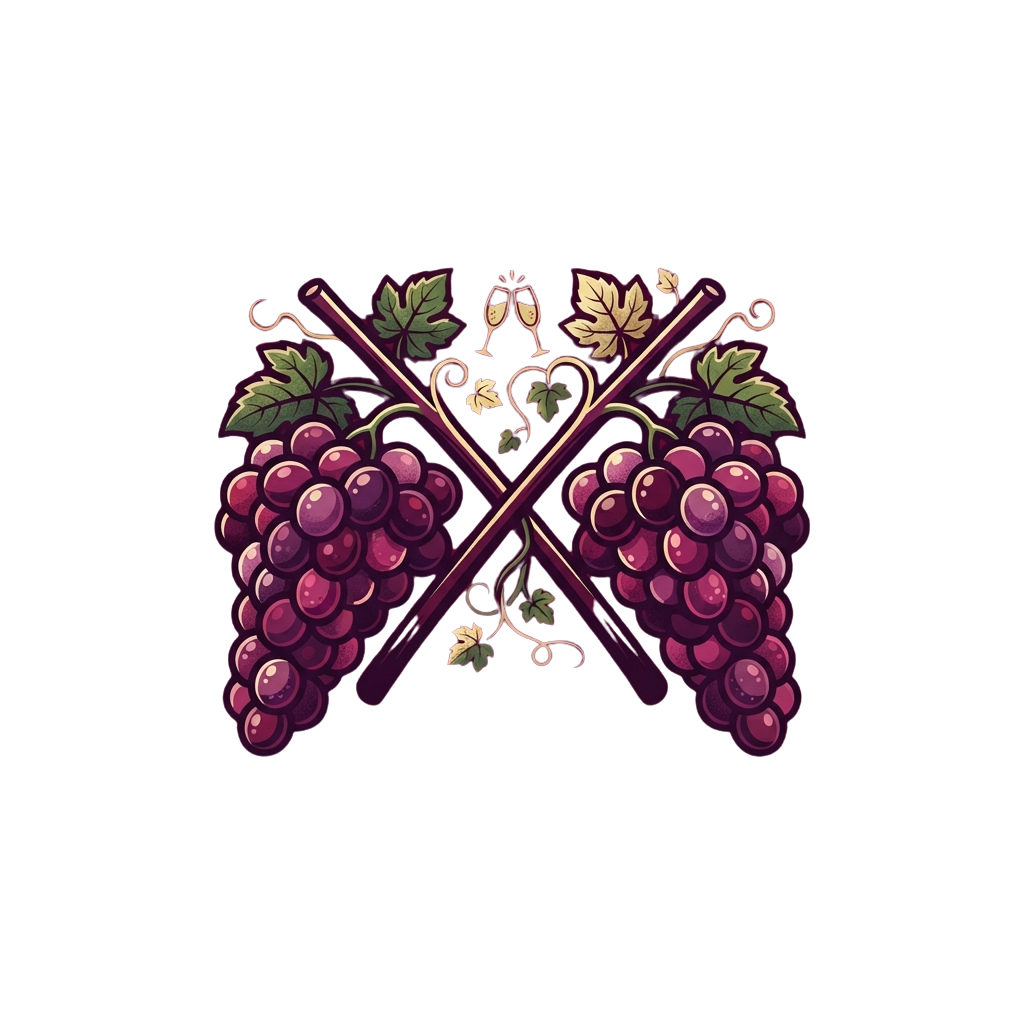 Two crossed grapevine branches with bunches of purple grapes and decorative leaves on a dark background