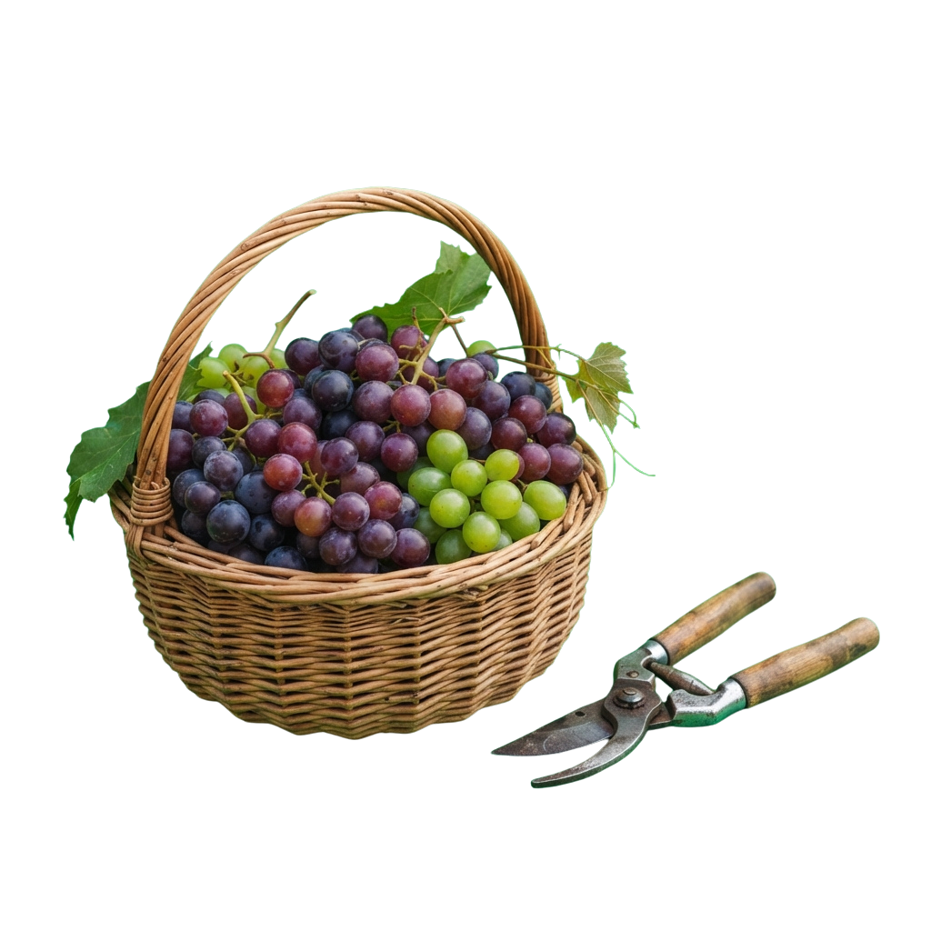 A wicker basket filled with green and purple grapes alongside a pair of pruning shears on a black background