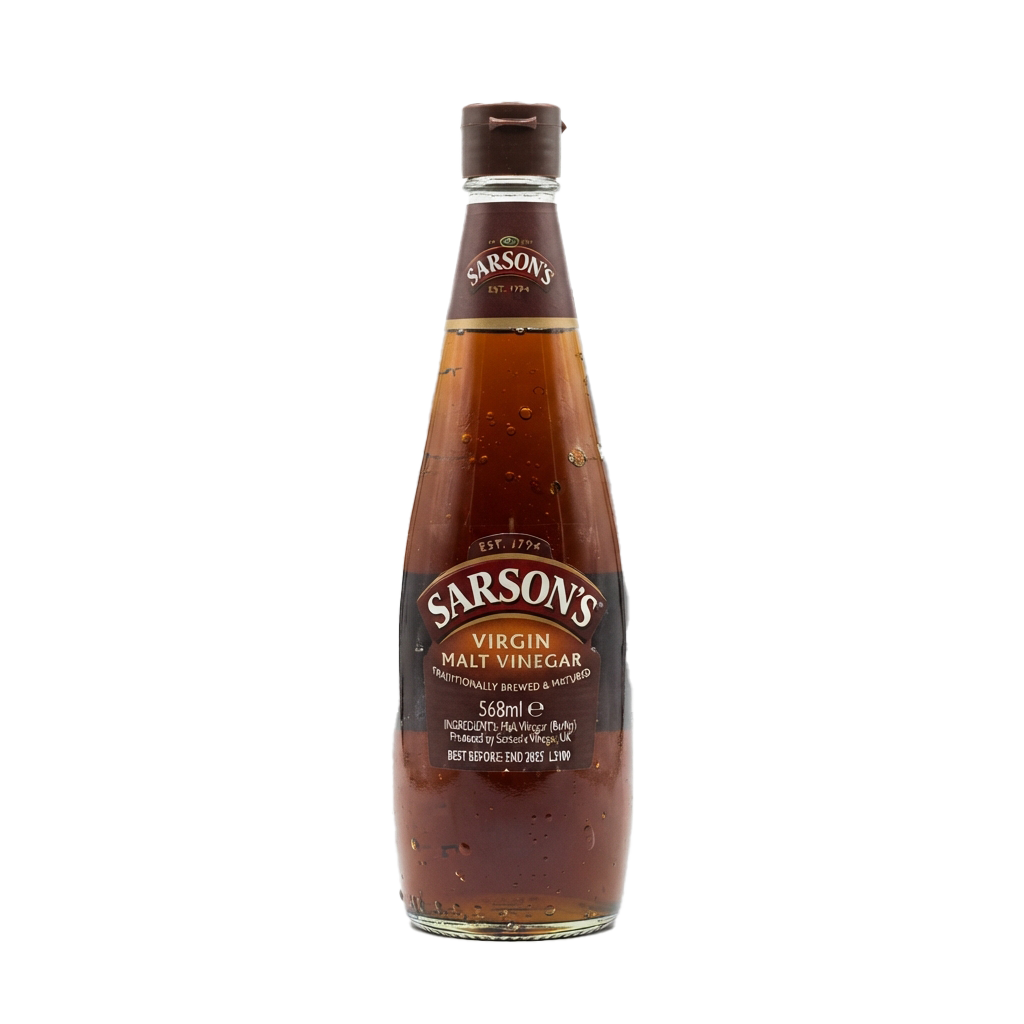 A bottle of Sarsons virgin malt vinegar with a brown label and cap, standing upright against a dark background.