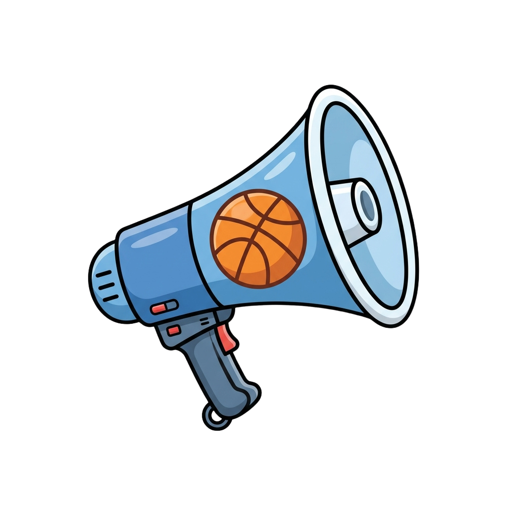 A cartoon megaphone with a basketball graphic on its side