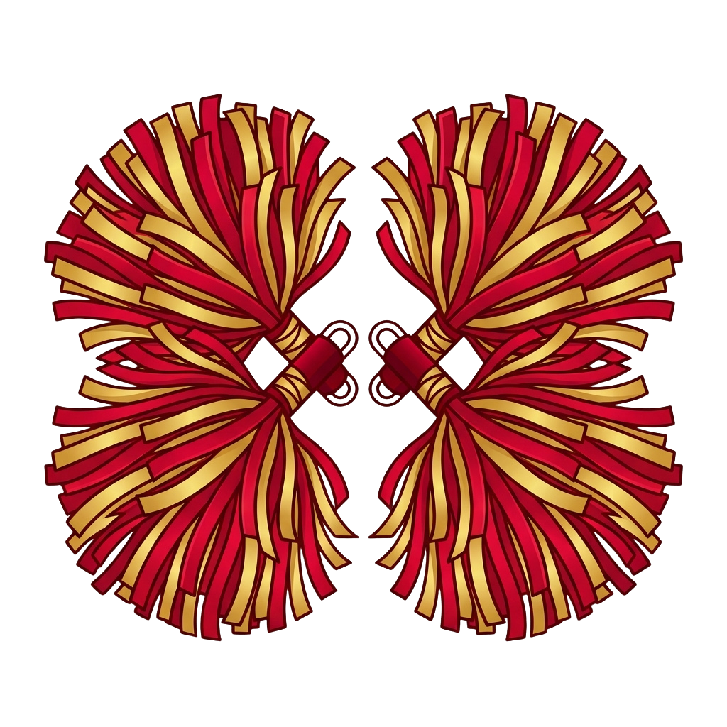 Two pairs of red and gold cheer pom poms tied together with black straps