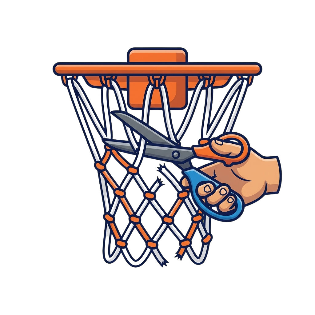 A hand holding scissors cutting the net of a basketball hoop.